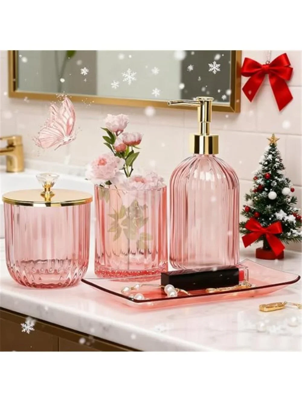 Pink Glass Bathroom Accessories Set Soap Dispenser Toothbrush Holder Vanity Set